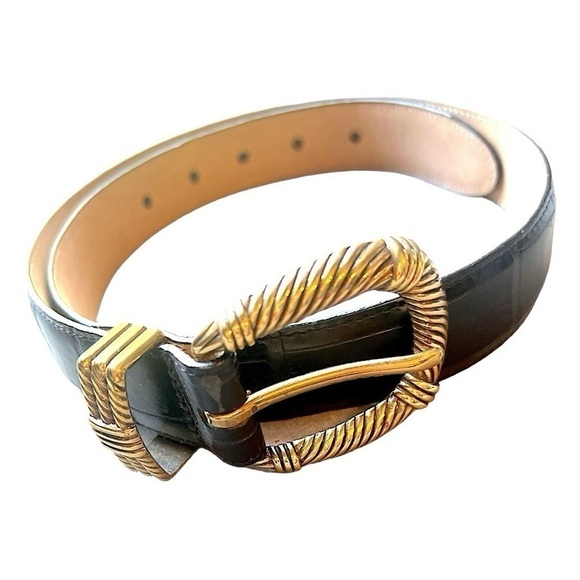 Vintage Brighton Black Crocodile Grain Leather Belt Gold Tone Buckle Sz 34 - Picture 7 of 7